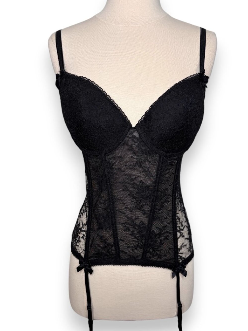 H&M Black Lace Goth Underwire Garter Straps Bows Corset Lingerie Size 12